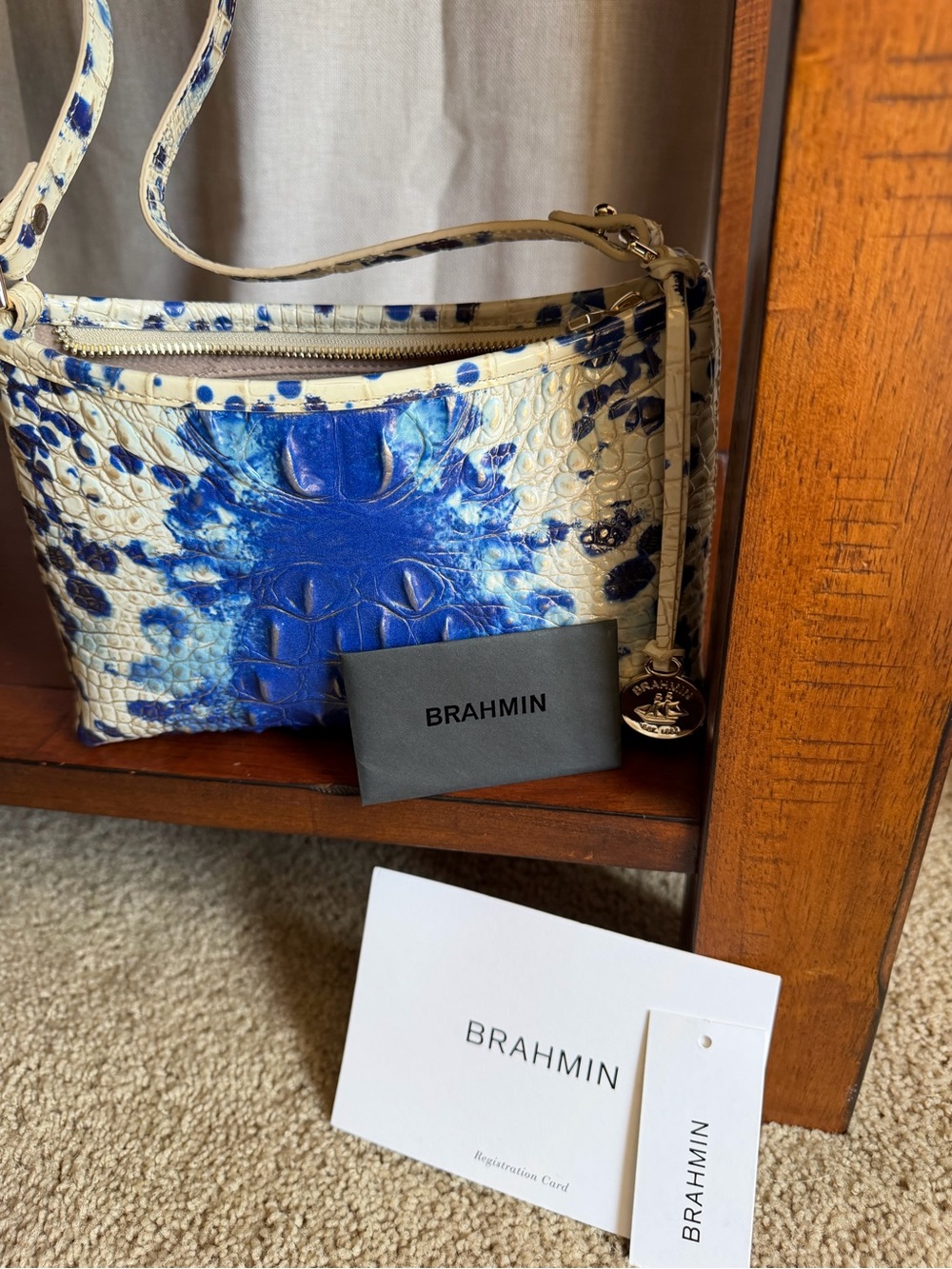 Brahmin Blue and Ivory Croc-Embossed Anytime Small Shoulder Bag